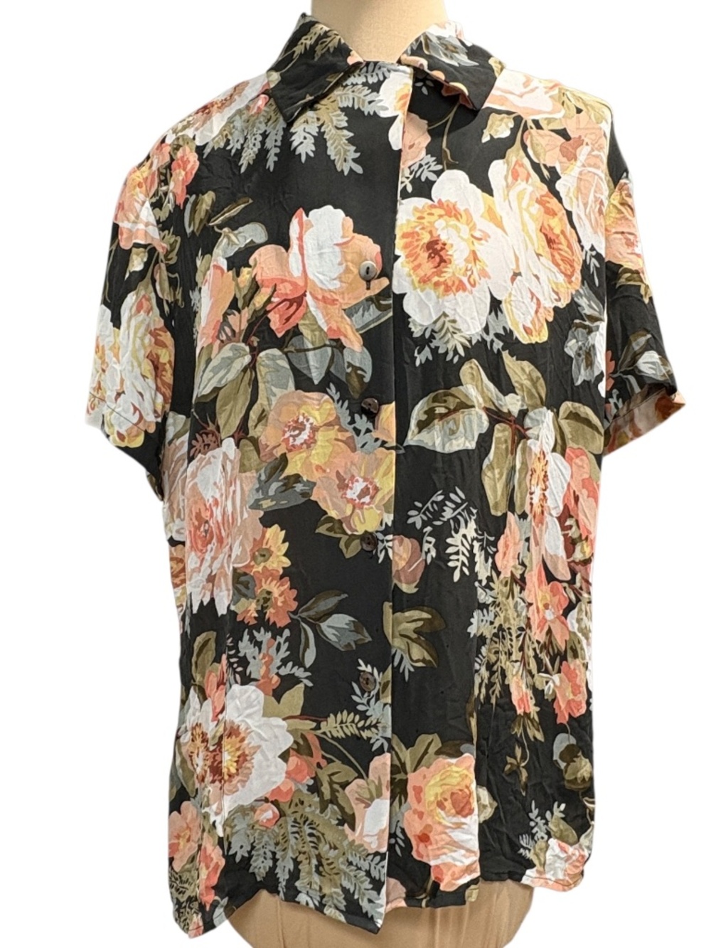 top ELLEN TRACY floral fine silk M short sleeve collar cottage black multicolor